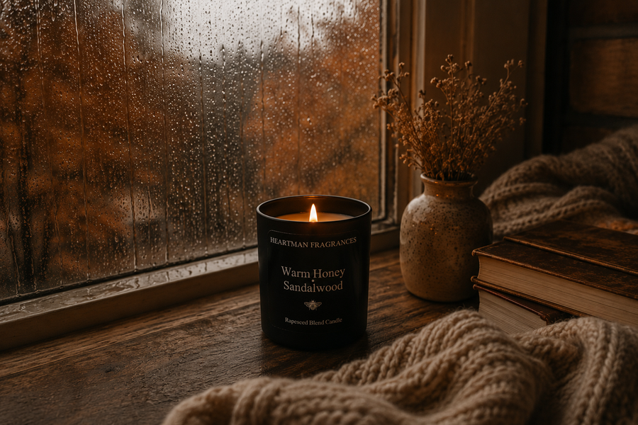 Cosy autumn living room with warm candlelight, throws and seasonal home fragrance