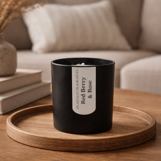 Black candle labeled 'Red Berry & Rose' on a wooden tray with books and a vase in the background.