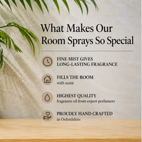A promotional graphic with text reading 'What Makes Our Room Sprays So Special' beside a potted green plant and a light wood surface. The text lists benefits such as fine mist fragrance, filling the room, high quality, and handcrafted in Oxfordshire.