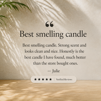 A styled interior scene with a wall quote that reads “Best smelling candle” followed by a review text and a verified reviews badge. A potted plant and dappled sunlight are visible on a beige wall above a wooden surface.