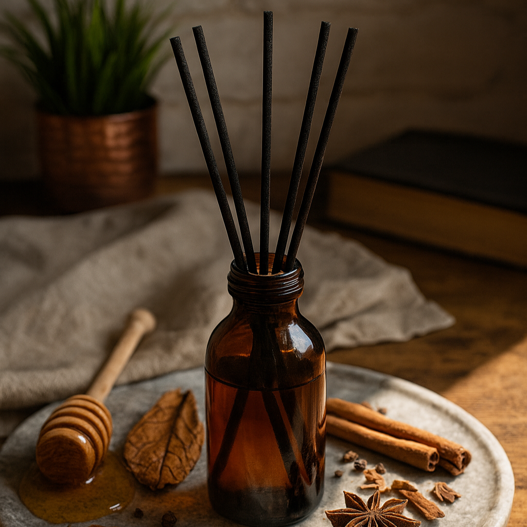 Aromatherapy diffuser with sticks on a stone plate with cinnamon sticks, star anise, and honeycomb.